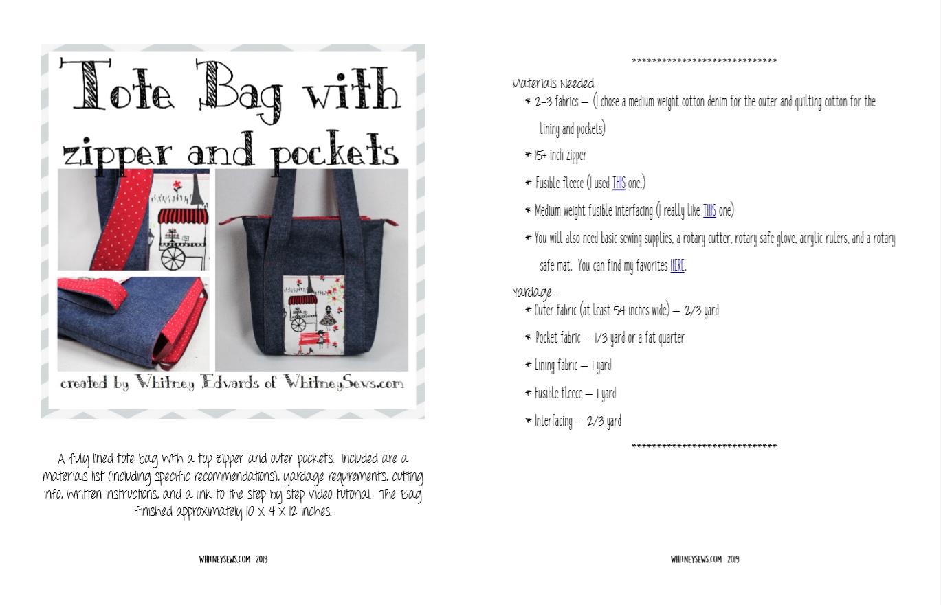 Zipper Tote Bag with Pockets PDF - Whitney Sews