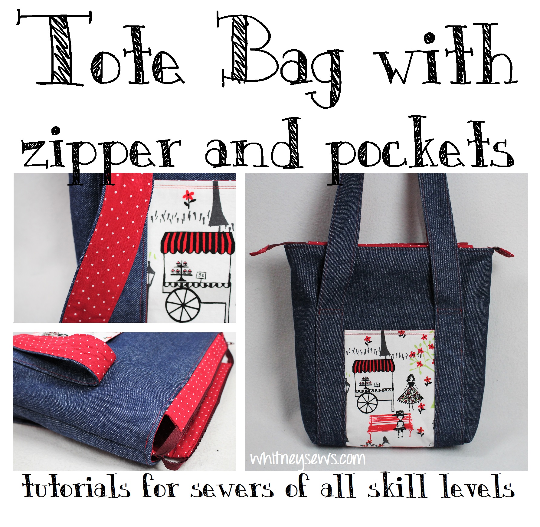 Zippered Tote Bag WITH Pockets - Whitney Sews