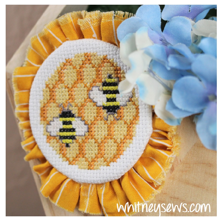 Honey comb and bee cross stitch finish by Whitney Sews